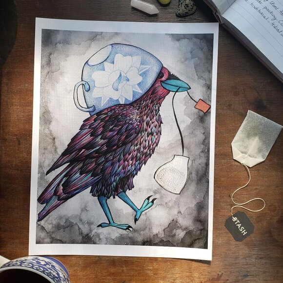 Tea Loving Crow Drawing Illustration Art Matte Print 8x10" - Picture 1 of 3